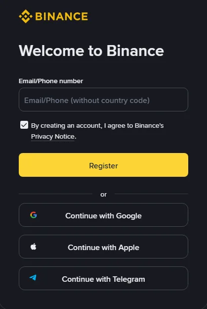 Binance-ის რეგისტრაციის გვერდი (ინგლისური ინტერფეისი): სათაური “Welcome to Binance”, ერთი ველი “Email/Phone (without country code)”, მონიშნული ველი კონფიდენციალურობის შეტყობინებაზე თანხმობისთვის, ყვითელი ღილაკი “Register” და ქვემოთ ღილაკები “Continue with Google”, “Continue with Apple”, “Continue with Telegram”
